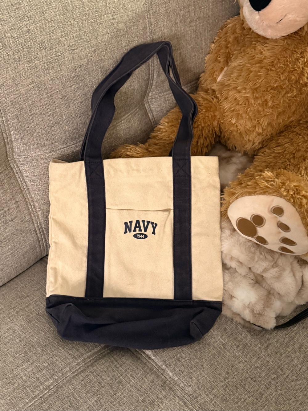 NAVY 1944 Canvas Tote Bag in Cream and Navy
